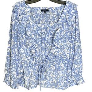 Eclair square neck blouse top ruffle bohemian blue lightweight floral Sz Large